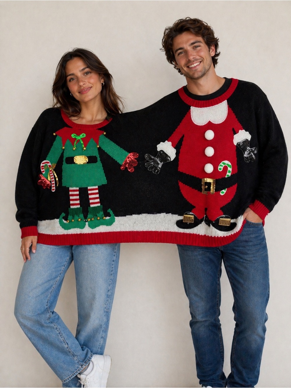 Holiday Time Two Person Ugly Christmas Sweater Elf Santa L/XL Couples Matching